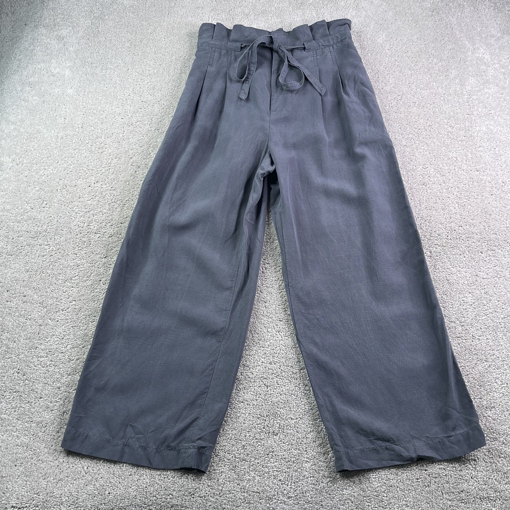 Club Monaco Pants Womens 4 Grey Paperbag Waist Wide Leg Cropped Lyocell Linen